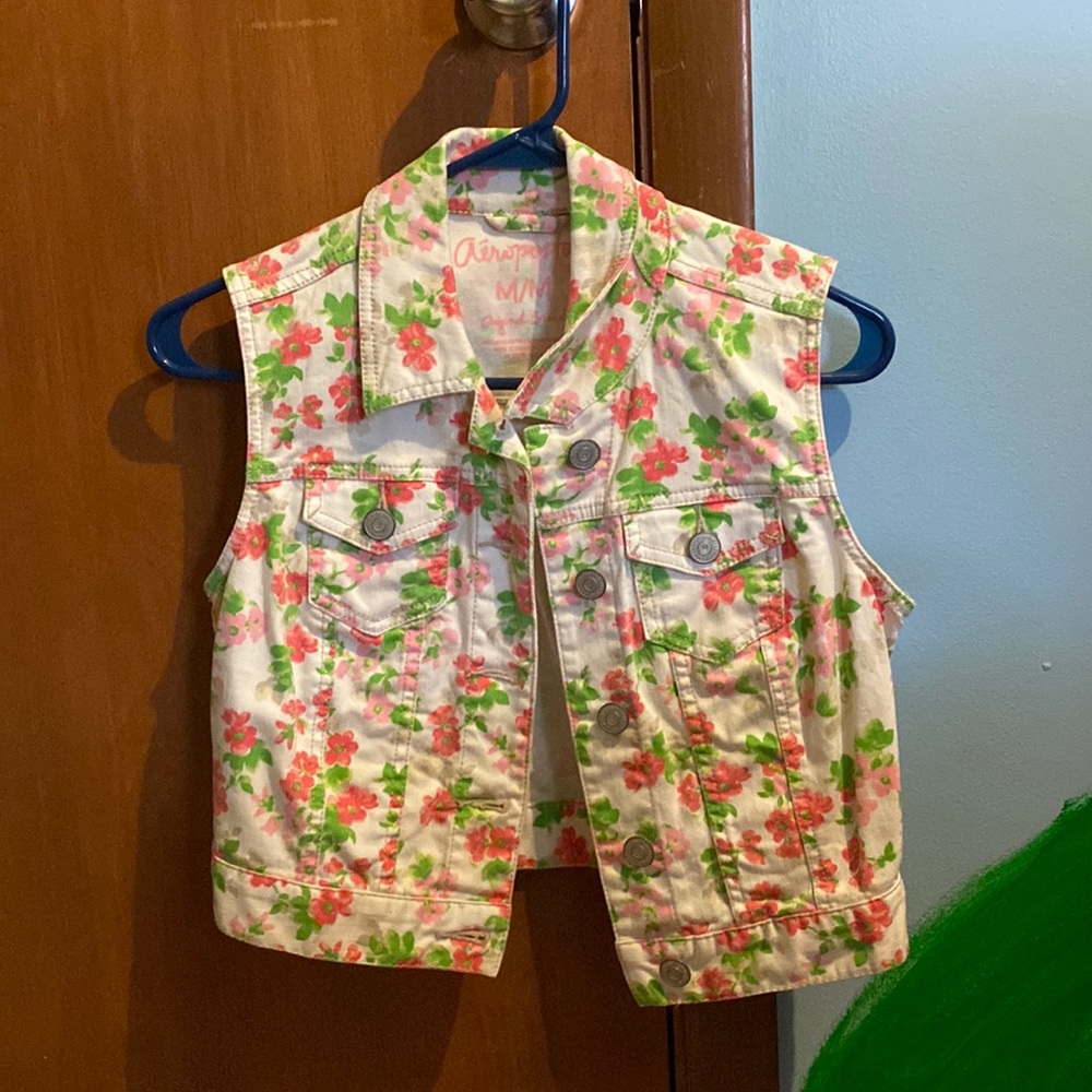 Aeropostale Floral Denim Vest